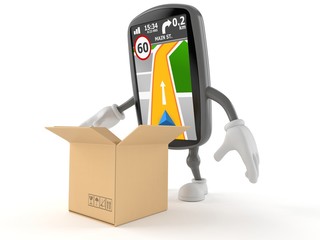 Canvas Print - GPS navigation character with open cardboard box