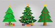Set of cute cartoon Christmas fir trees on transparent background