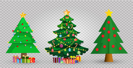 set of cute cartoon christmas fir trees on transparent background