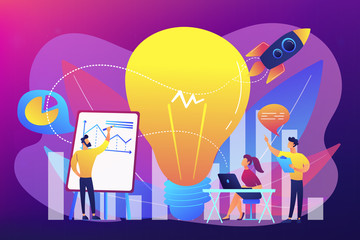 Business team brainstorm, lightbulb and rocket. Vision statement, business and company mission, business planning concept on ultraviolet background. Bright vibrant violet vector isolated illustration