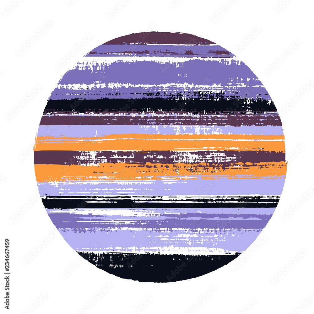Abstract circle vector geometric shape with stripes texture of ink horizontal lines. Old paint texture disk. Stamp round shape circle logo element with grunge stripes background. - obrazy, fototapety, plakaty 