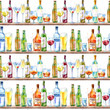 Seamless pattern of a champagne,vodka, cognac, wine, beer and glass. Painting of a alcohol drink in the bar .Watercolor hand drawn illustration.White background.