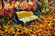 Park Bench - a fragment of texture oil painting. Modern art. Hand drawn oil painting.
