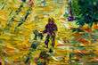 Impressionism oil painting. Abstract people, evening walk - a fragment of texture oil painting.