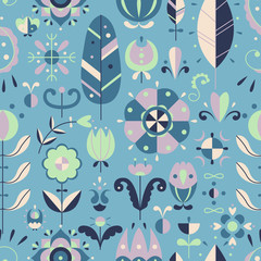 Wall Mural - Vector seamless pattern in Scandinavian style. Flat style. Flowers and doodles.