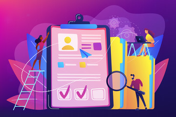 Sticker - Recruiters and managers searching for candidate in huge CV for position. Recruitment agency, human resources service, recruitment network concept. Bright vibrant violet vector isolated illustration