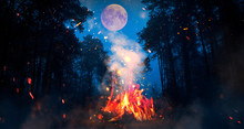 Night Forest, A Fire Is Burning, A Big Moon. Moon Map Element Furnished By NASA
