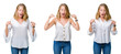 © Krakenimages.com - Collage of beautiful blonde woman over white isolated background Pointing down with fingers showing advertisement, surprised face and open mouth