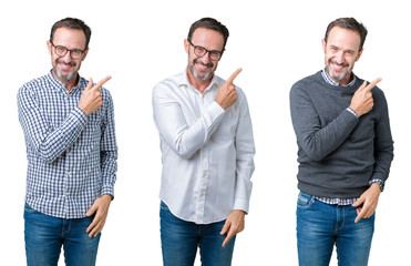 Collage of handsome senior business man over white isolated background cheerful with a smile of face pointing with hand and finger up to the side with happy and natural expression on face