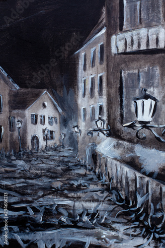 Original Oil Painting On Canvas Modern Art A Black And White Of A Dark European Alleyway At Night In Horizontal Stock Illustration Adobe Stock