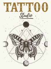 Wall Mural - Tattoo studio poster. Banner with mystical butterfly tattoo and orbiting moon. Geometry style.