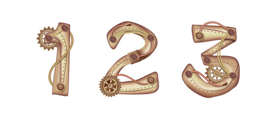 Arabic numeral 1 2 3 in the form of a steampunk mechanism. Copper and brass with tubes, gears and rivets. Freely editable isolated on white background.