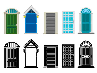 Poster - Front house doors flat and silhouette vector set isolated on white illustration