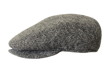 Gray men's woolen cap. Close-up. Isolated object on white background. Isolate.