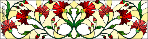 Naklejki liście  ilustracja-w-stylu-witrazu-z-abstrakcyjnymi-czerwonymi-kwiatami-na-zoltym-tle-pozioma