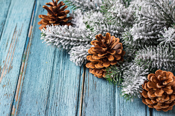 Christmas or New year festive background with pine cones