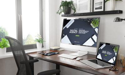 Wall Mural - black and white responsive devices mockup responsive website digital agency