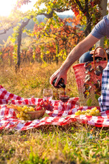 Wall Mural - Picnic at sunset in the hills of Italy. Vineyards and open nature in the fall. Romantic dinner, a man pours a glass of red wine. Free space for text. Copy space.