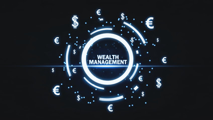 Wall Mural - Wealth Management word with currency symbols on blue light.