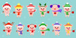 Mega set of twelve pigs in different hats and a scarf with cups of different hot drinks on the background of snowflakes. Happy New Year and Merry Christmas. The symbol of the Chinese New Year. Vector