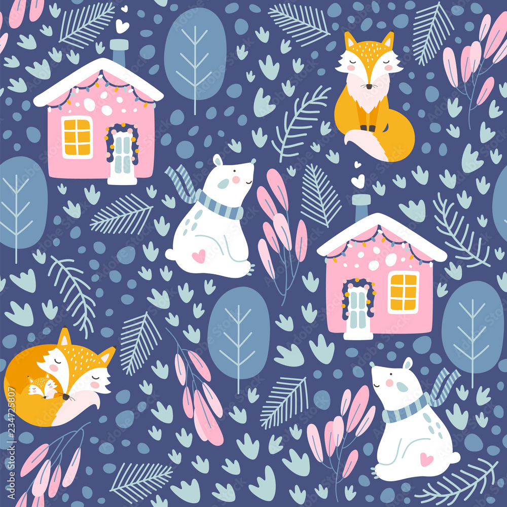 Winter seamless pattern with bear and fox. Stock Vector | Adobe Stock
