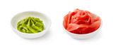 Fototapeta  - Wasabi and pickled ginger in bowls isolated on white background.