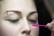 © strigana - Eye lash extension procedure. Young beautiful woman eye with long false green eye lashes. Close up macro shot of fashion eyes in beauty salon.