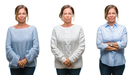 Wall Mural - Collage of middle age hispanic woman over isolated background with serious expression on face. Simple and natural looking at the camera.