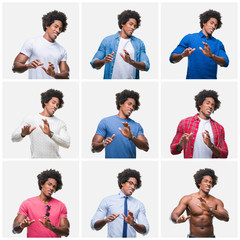 Poster - Collage of young african american man over isolated background disgusted expression, displeased and fearful doing disgust face because aversion reaction. With hands raised. Annoying concept.