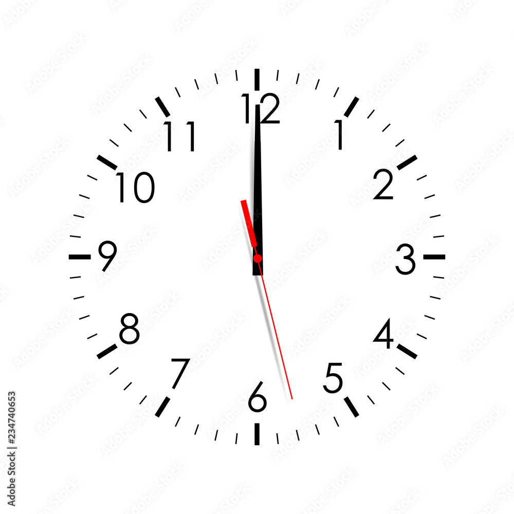 Clock face isolated on white background. 12 o'clock. Vector illustration - obrazy, fototapety, plakaty 