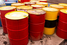 Colored Metal Barrels. Blue Oil Drums Containing Fuel For Transportation