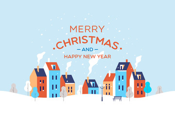 Merry Christmas and a Happy New Year greeting card. Winter town. Vector illustration.