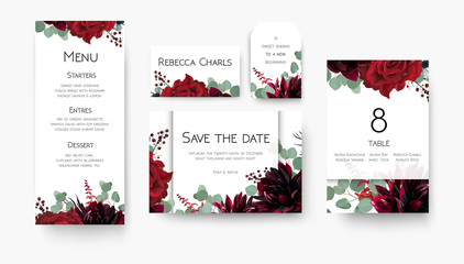 Wall Mural - Wedding save the date, menu, label, table number, place cards floral design. Vintage vine Red rose flowers, burgundy dahlia, eucalyptus silver greenery branches & berries decoration. Bohemian chic set