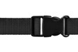 Black side release acculoc buckle plastic clasp, quick nylon belt rope lock strap, isolated macro closeup, large detailed horizontal accessory studio shot