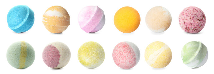 Set with aromatic bath bombs on white background