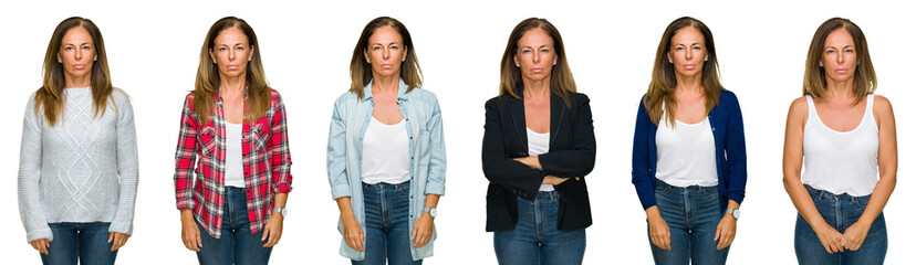 Poster - Collage of beautiful middle age woman over white isolated background with serious expression on face. Simple and natural looking at the camera.