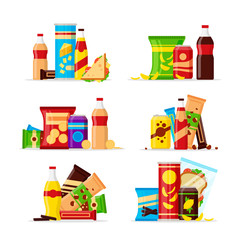 snack product set, fast food snacks, drinks, nuts, chips, cracker, juice, sandwich isolated on white