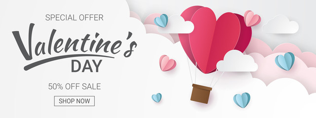 valentines day sale background with heart balloons and clouds. paper cut style. can be used for wall