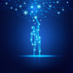 Wall Mural - concept of cloud technology, digital man reaching futuristic connected line