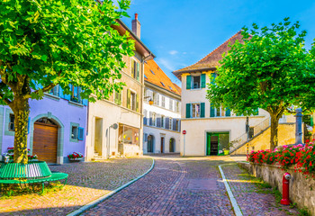 Canvas Print - View of a narrow street in the old town of Lutry, Switzerland