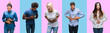 © Krakenimages.com - Collage of group of young casual people over colorful isolated background with hand on stomach because indigestion, painful illness feeling unwell. Ache concept.