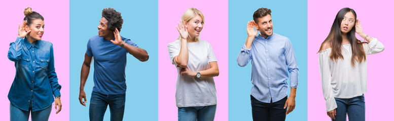 Sticker - Collage of group of young casual people over colorful isolated background smiling with hand over ear listening an hearing to rumor or gossip. Deafness concept.