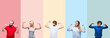 Collage of group of young people over colorful vintage isolated background showing arms muscles smiling proud. Fitness concept.