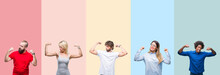 Collage Of Group Of Young People Over Colorful Vintage Isolated Background Showing Arms Muscles Smiling Proud. Fitness Concept.