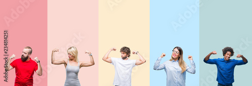 Fotomural Collage of group of young people over colorful vintage isolated background showing arms muscles smiling proud