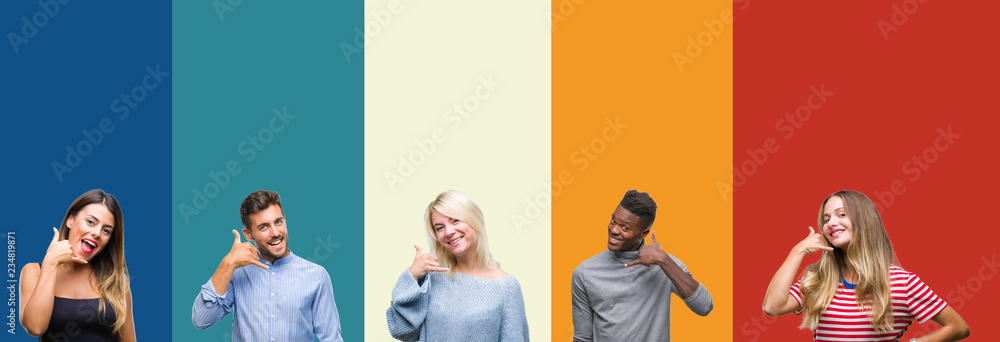 Collage of group of young people over colorful vintage isolated background smiling doing phone gesture with hand and fingers like talking on the telephone. Communicating concepts. - obrazy, fototapety, plakaty 
