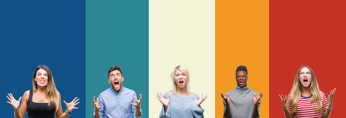 Canvas Print - Collage of group of young people over colorful vintage isolated background crazy and mad shouting and yelling with aggressive expression and arms raised. Frustration concept.