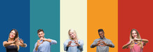 Collage Of Group Of Young People Over Colorful Vintage Isolated Background Smiling In Love Showing Heart Symbol And Shape With Hands. Romantic Concept.