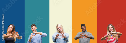 Fotomural Collage of group of young people over colorful vintage isolated background smiling in love showing heart symbol and shape with hands