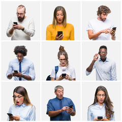 Wall Mural - Collage of group of people using smartphone over isolated background scared in shock with a surprise face, afraid and excited with fear expression